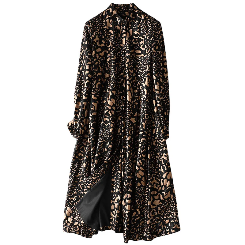 Fall High-End Leopard Print Spring Long Sheepskin Coat Cute Women Single-Breasted Leather Maxi Windbreaker Jacket High Quality