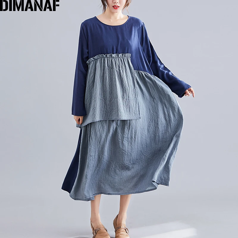 YI96953CN-lan DIMANAF, женское платье, винтажное, размера плюс, осень, Vestidos, хлопок, лен, пэчворк, в полоску, женское, Elegnat, женское платье с длинным рукавом - Цвет: YI96953CN-lan
