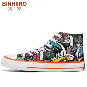 Мужская Вулканизированная обувь с высоким берцем; Повседневная парусиновая обувь с классическим принтом; Мужская обувь для отдыха на шнуровке; Сезон весна-осень; 2019