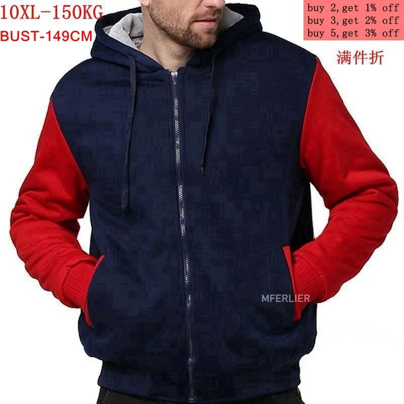 Мужская куртка большого размера 7XL 8XL 9XL 10XL осенне-зимняя толстовка с длинными рукавами на молнии, утепленная Флисовая теплая синяя и красная цвета matc