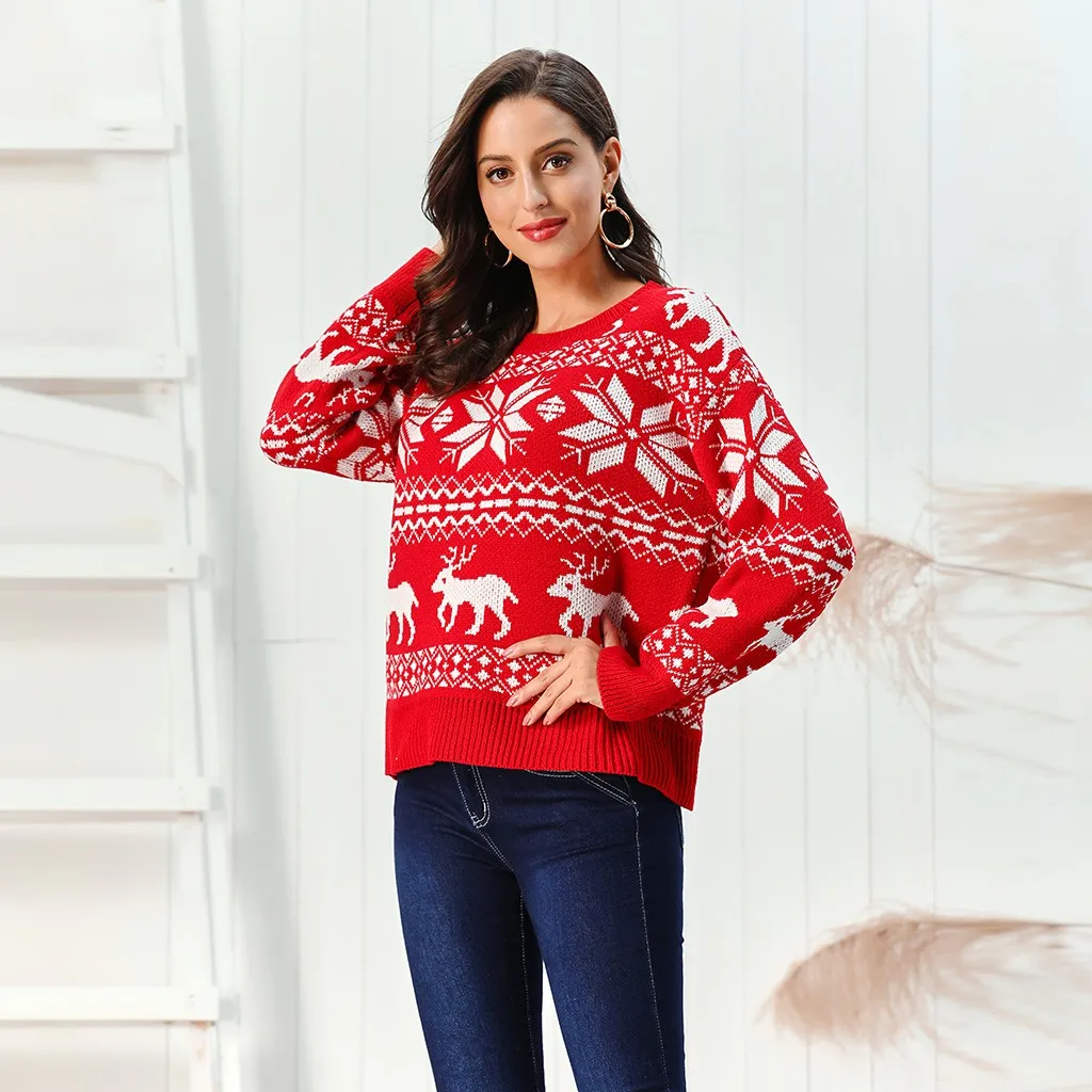 Осень зима новинка Рождество длинный рукав снежинка узор свободный крой