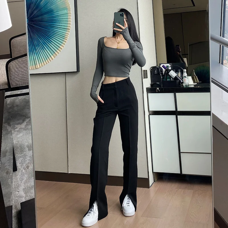 

Wenfly Women Casual Suits Long Flare Pants Korean Loose Streetwear High Elastic Waist Trousers Female Side Split Harajuku