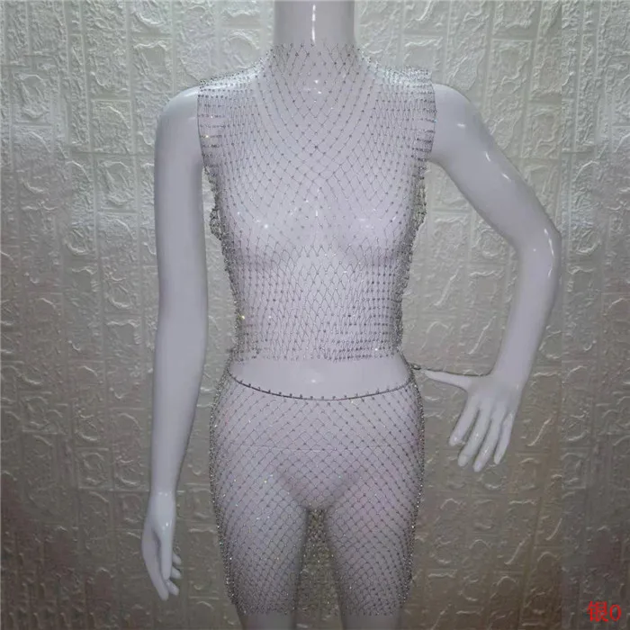 Silver O-neck Блестящие Кристальные Стразы, женская одежда, сетчатые Прозрачные топы, клетчатые сексуальные мини юбки, летний комплект из 2 предметов, Клубные, трендовые - Цвет: Silver O-neck