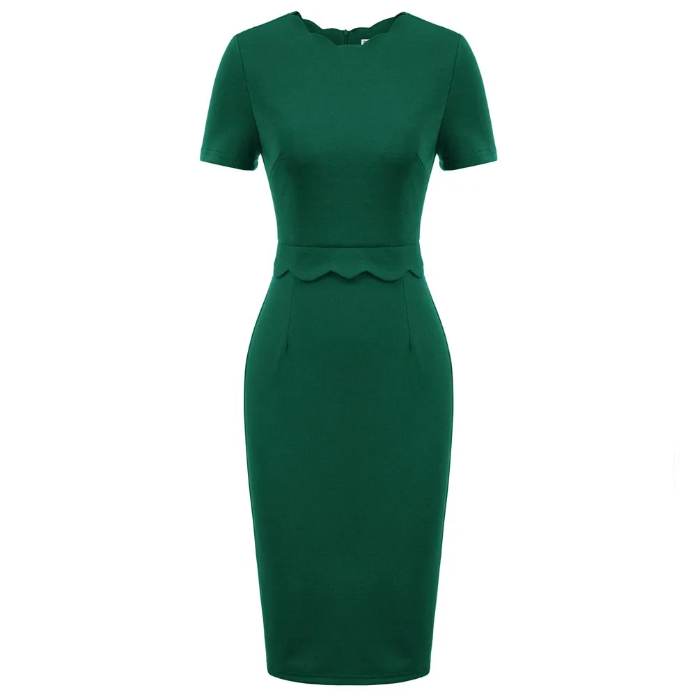 

Women's Dress Solid Color Scalloped Neckline Hips-Wrapped Lady Fashion