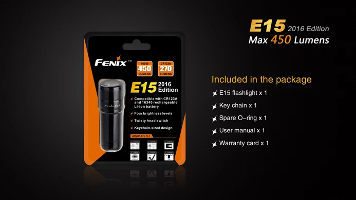 Фонарик с брелоком Fenix E15 2016 max 450 люмен sby 16340 аккумулятор CR123A EDC|Фонарики и