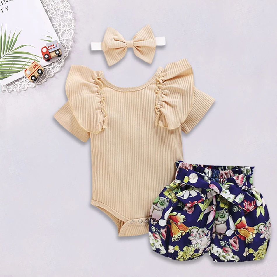 

Baby Summer Clothes Costume for Toddler Kids New Style Short Lotus leaf Sleeve Pringting Short Pants Bow Three Piece Sets
