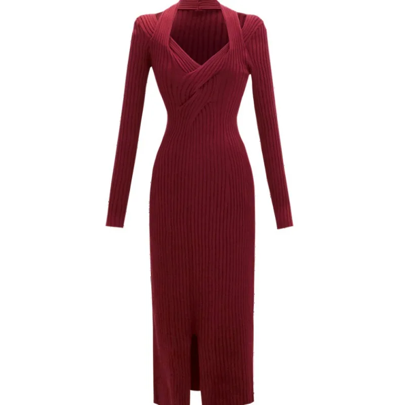 Осеннее длинное стильное платье-свитер с длинным рукавом соблазнительное