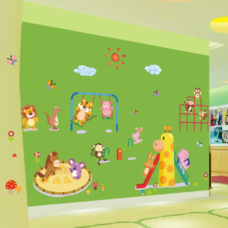 

Lovely Zoo Animals Playground Wall Sticker For Kindergarten Kids Room Bedroom Home Decoration Cartoon Safari Mural Art Pvc Decal