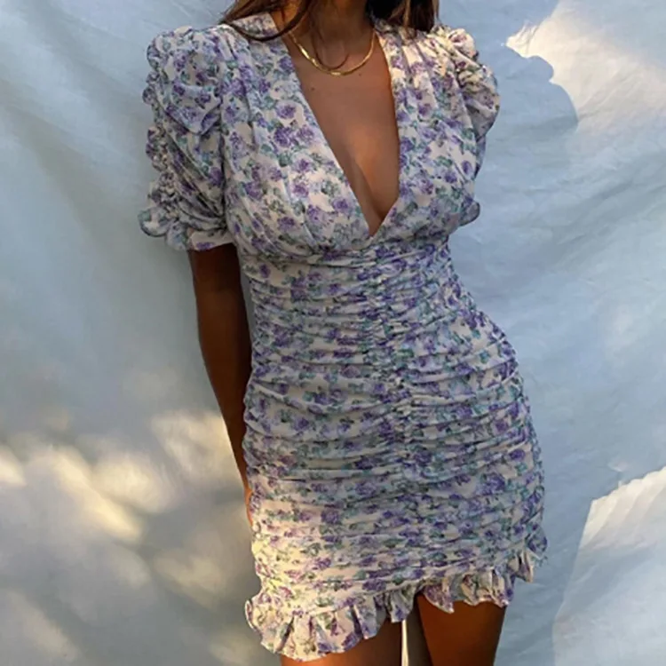 

2021 Fashion Women's Sexy Slim Dress Deep V-neck Floral Print Bag Hip Mini Dress Chic Temperament Office Lady Dresses Summer