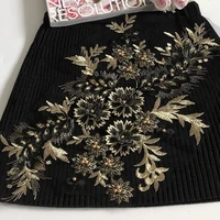 1pcs 3d black gold flower embroidery patch mesh net fabrics beaded applique african lace sewing wedding dress clothes craft diy