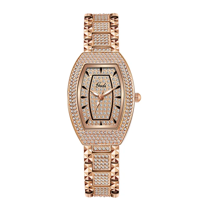 

Luxury Rose Gold Women Watches Wine Barrel Rhinestone Elegant Top Brand GEDI Party Business Casual Quartz Wristwatch for Lady