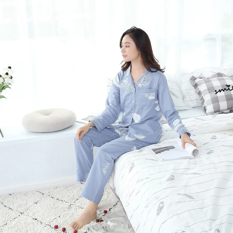 195 set woman 2 pieces 100% Cotton Double-layer Sleepwear Women's Pajamas Autumn Pyjamas Pijama Pant Long Sleeve Home Wear