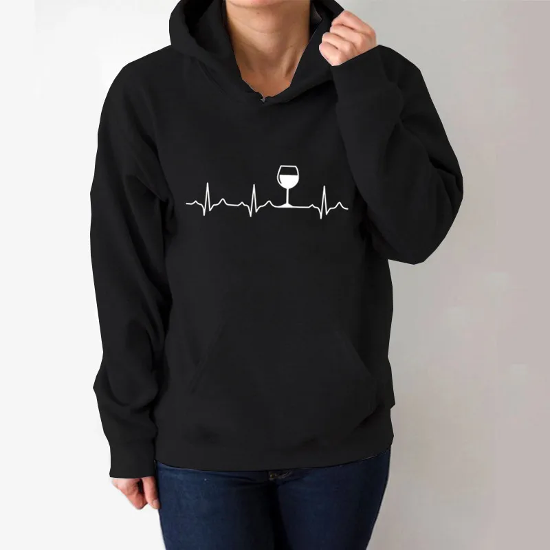 

Wine Heartbeat Printed Hoodies Women Fleece Long Sleeve Loose Sweatshirt with Hat Girls Women Hoodie Pullovers Winter