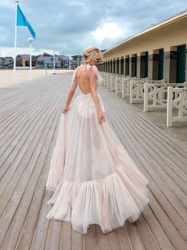 

Hi Shy Bride New Simple Wedding Dress Backless Sleeveless Design Chiffon Lace Bride Dresses Princess Dress Plus Size Tailor-made