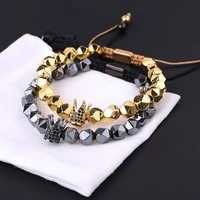 new design men jewelry faceted hematite beaded cz pave crown handmade macrame friendship bracelet gift