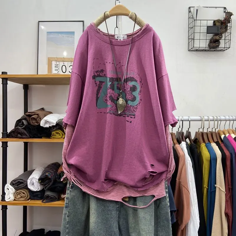 Женская футболка с коротким рукавом круглым вырезом и принтом из натурального