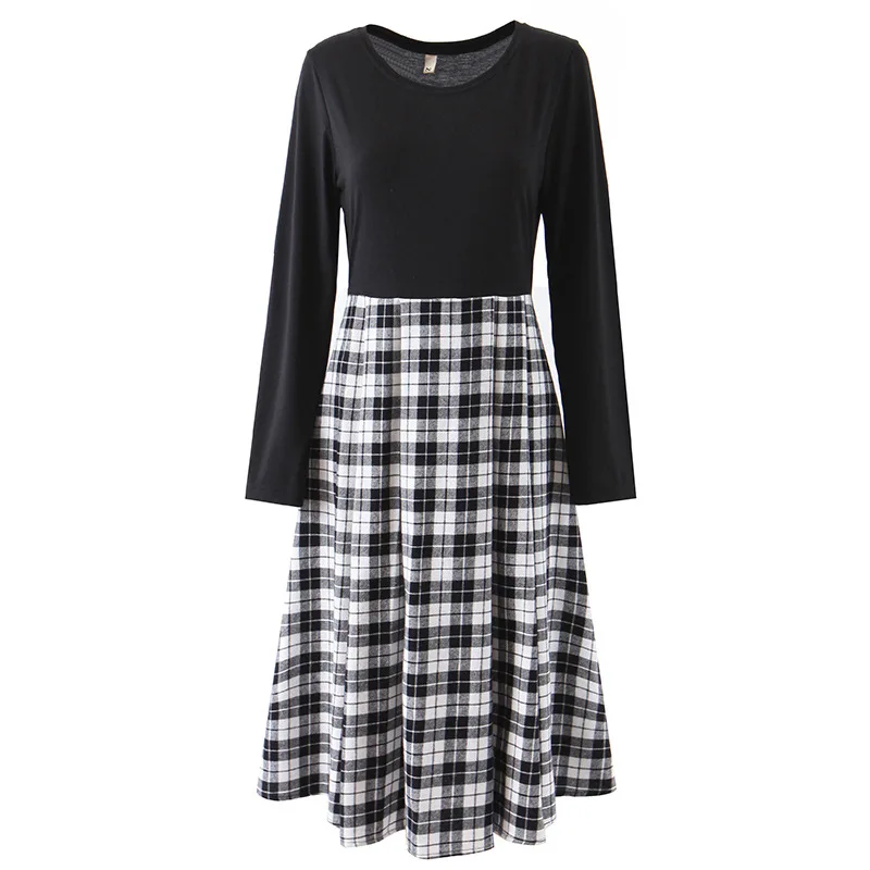 Женское винтажное клетчатое платье миди с высокой талией рукавом 3/4 и круглым