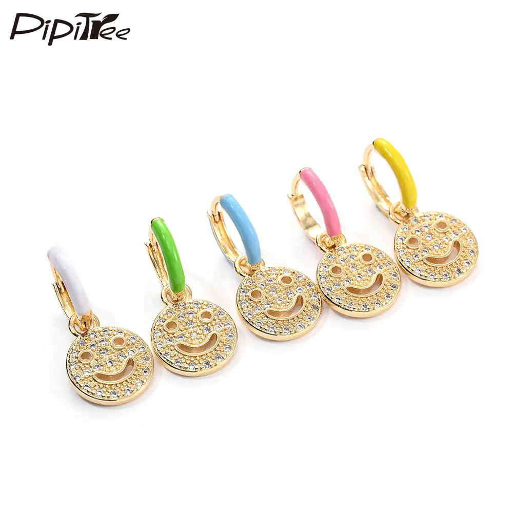 Милые круглые серьги-кольца Pipitree с цирконом улыбающимся лицом для женщин модные