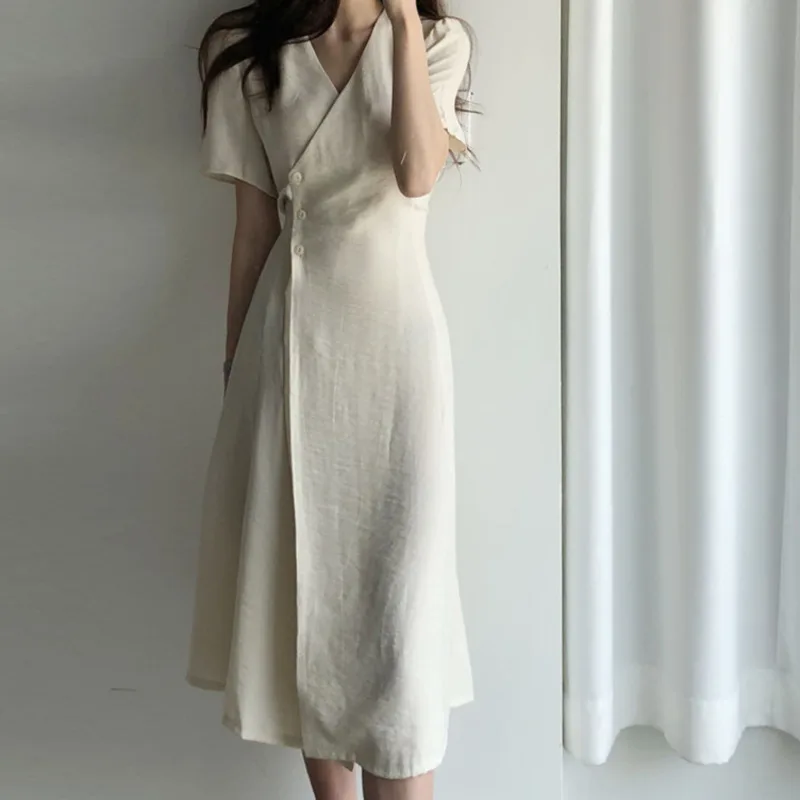 

New 2021 Women Summer Dresses V-Neck Lace Up High Waist Vintage Elegant Korean Style Wild Lady Long Dresses E811