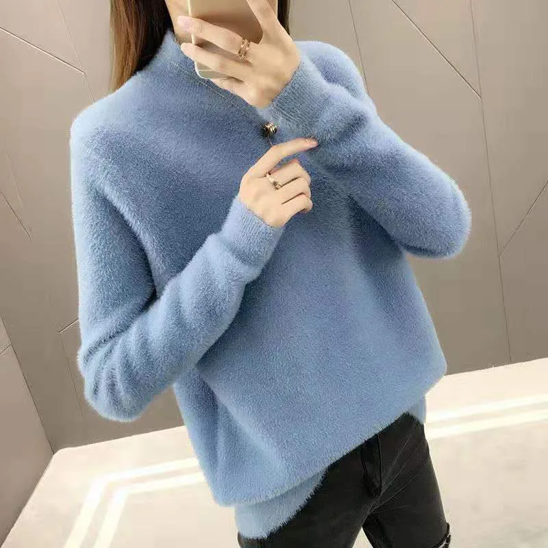 Imitation Mink Cashmere Knitted Women Turtleneck New Autumn Winter Ladies Sweater Female Long Sleeve Jumper Pullover ok489 | Женская