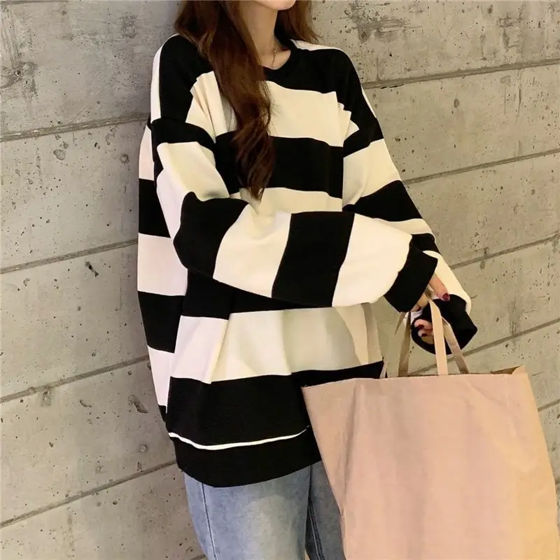 

Autumn Women Hoodie 2021 Casual Striped O-neck Women's Sweatshirts Long Sleeve Loose Versatile Jacket