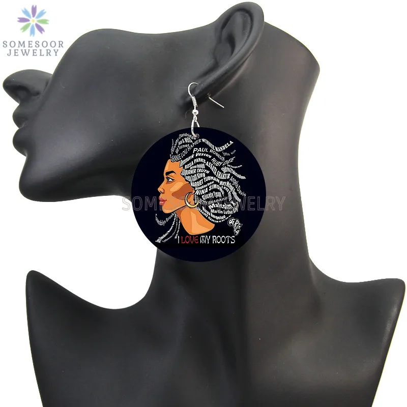 SOMESOOR Love My Black Roots African Wood Dangle Earrings Excellent Melanin Sayings Afro Girl Natural Hair Design For Women Gift | Украшения