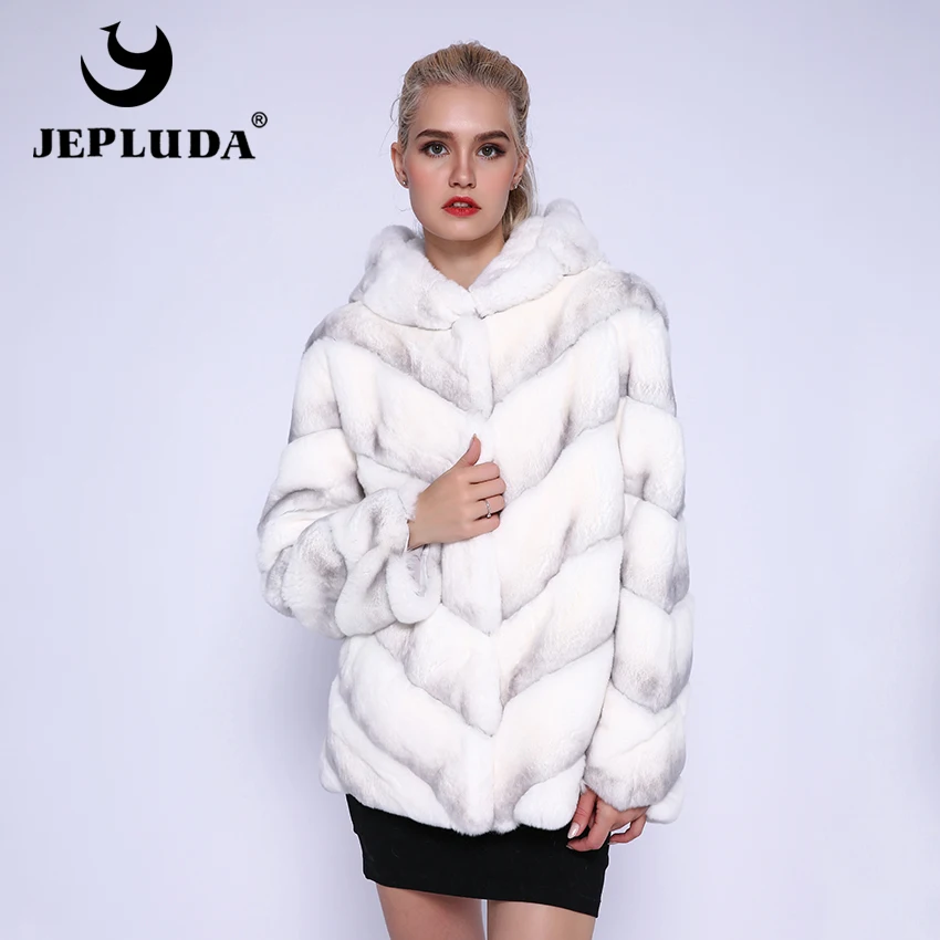 JEPLUDA Mодный Шуба Натуральный Мех Кролик Рекс с Капюшоном Короткий Наклонный