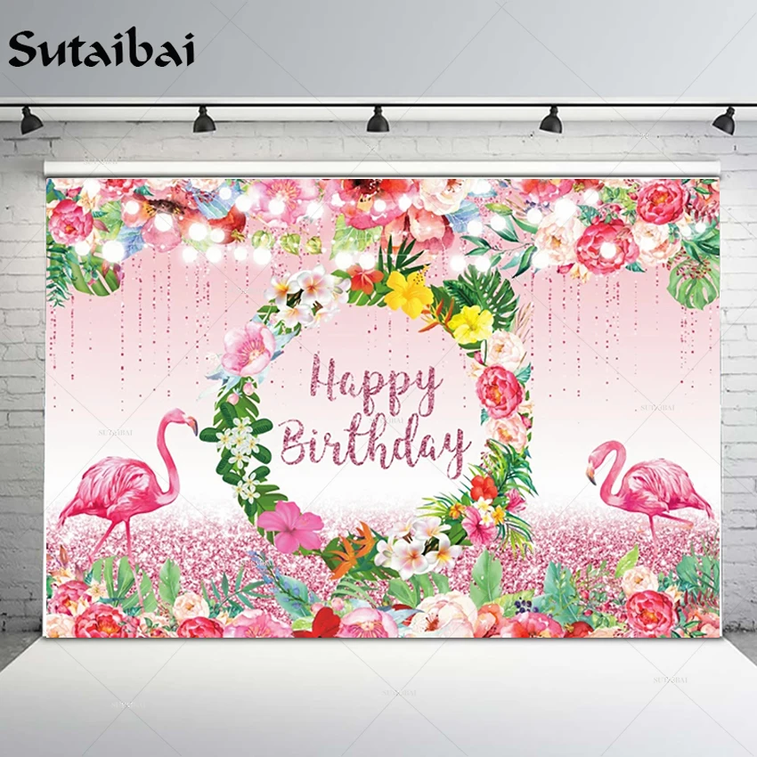 Cartoon Pink Flamingo Background for Photography Baby Birthday Party Lignt Polka Floral Hawaii Holiday Photographic Backdrop