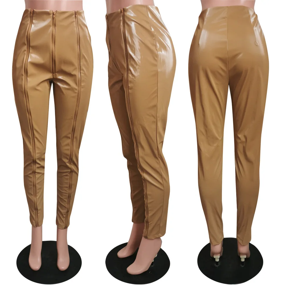 

FIXSYS Women Zipper Up PU Leather Pants Sexy Tights Mid Waist Stretchy Pencil Pants Fashion Casual Trousers for Autumn Winter