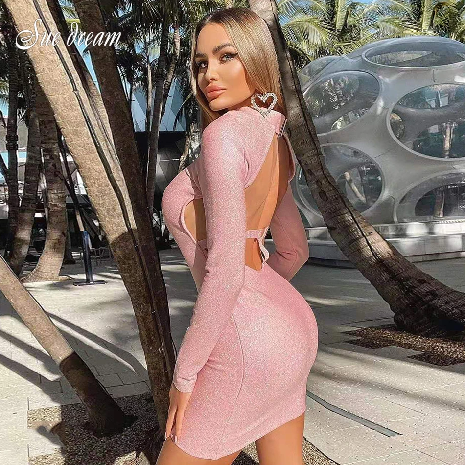 

Сексуальное блестящее розовое облегающее платье с круглым вырезом и длинными рукавами, Новинка лета 2021, женские элегантные Клубные вечерни...