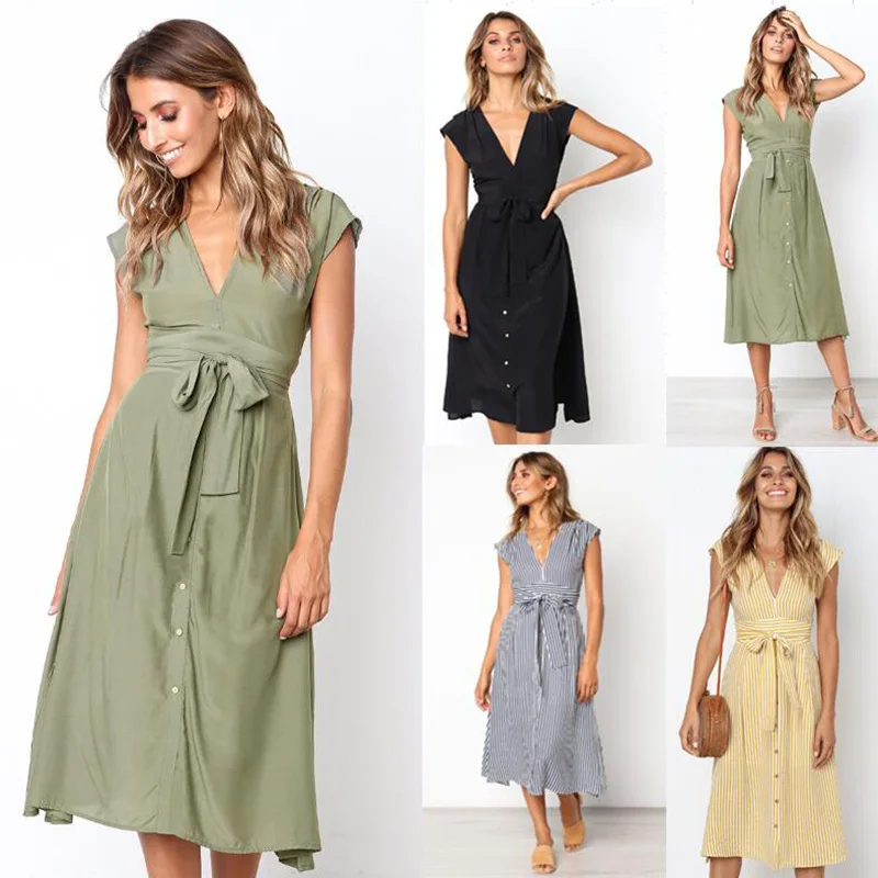 

2021 Summer Sexy V-neck Button Striped Dress Women Casual Knee-Length Sleeveless Lace Up Bow A-Line Dress Vestido