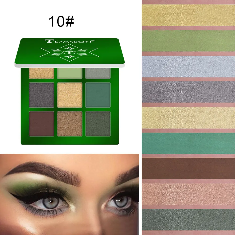 Green plate 9color Matte Eyeshadow Tray Durable Waterproof Easy To Apply Pearlescent Eyeshadow Diamond Flash Eye Decoration Style TSLM2 - Цвет: Green plate
