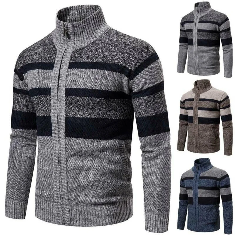 

Men Warm Zipper Sweater Jacket Striped Knitted Cardigan Casual Sweater Sports Jacket Outfit