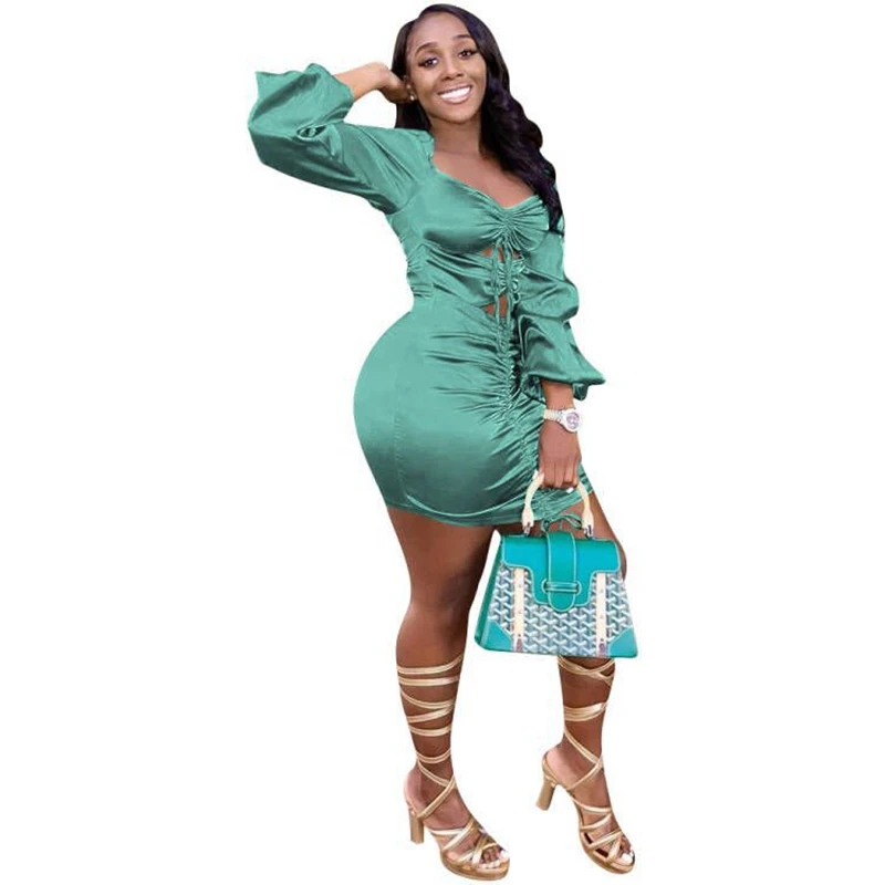 

Sexy Cut Out Bandage Mini Dress Lantern Sleeve Glossy Ladies Club Outfits Festival Clothes for Women Night Party Dresses