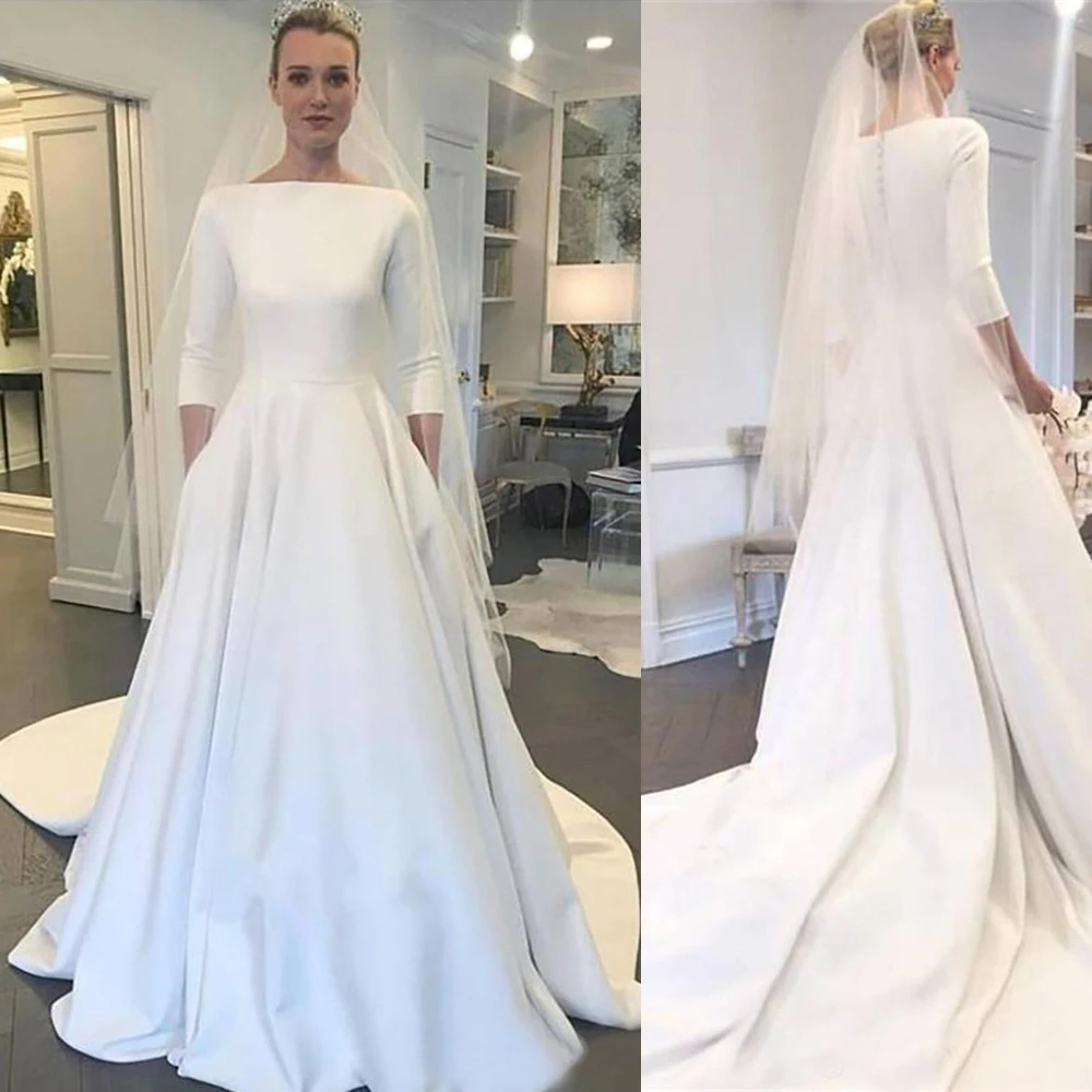 

Modest Satin Wedding Dresses Meghan Markle Style Bateau Neck Long Sleeves Covered Buttons Back Garden Bridal Gown Wed Dress Wed