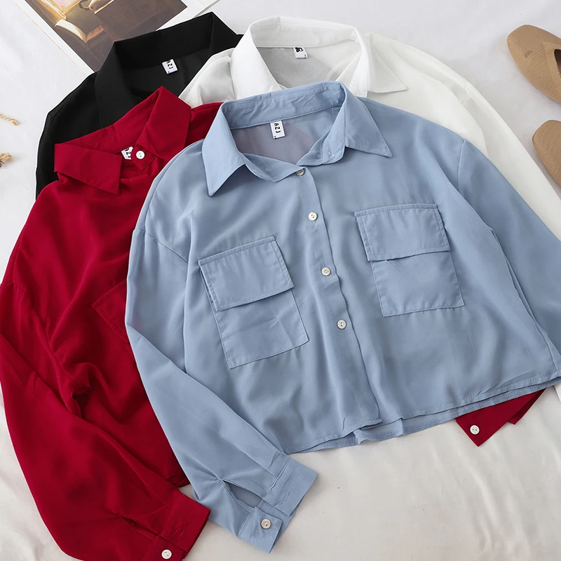 SINGRAIN осенние женские однотонные шифоновые блузки поло шикарные карманы пуговицы