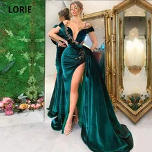 LORIE Dubai Evening Dress O-Neck Sheer Illusion Neckline Gold Green High Side Velvet Mermaid Arabic Prom Party Gown abendkleider (1)
