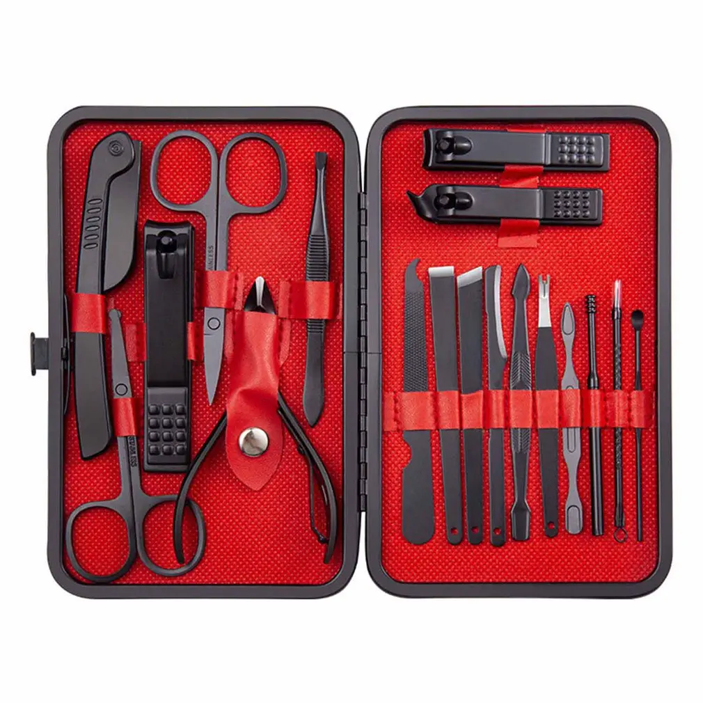 

18Pcs Manicure Set Nail Clippers Tools Household Black Stainless Steel Ear Spoon Nail Cutters Scissors Kit For Manicure Tools