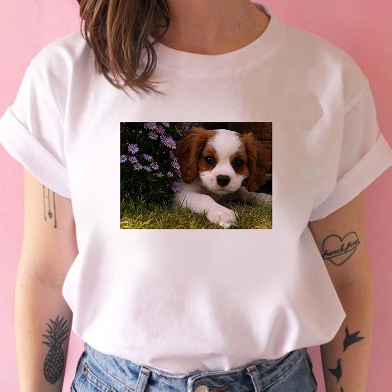 

Футболка женская с принтом милой собаки, модный топ, Повседневная футболка с графическим принтом, летний топ для девушек