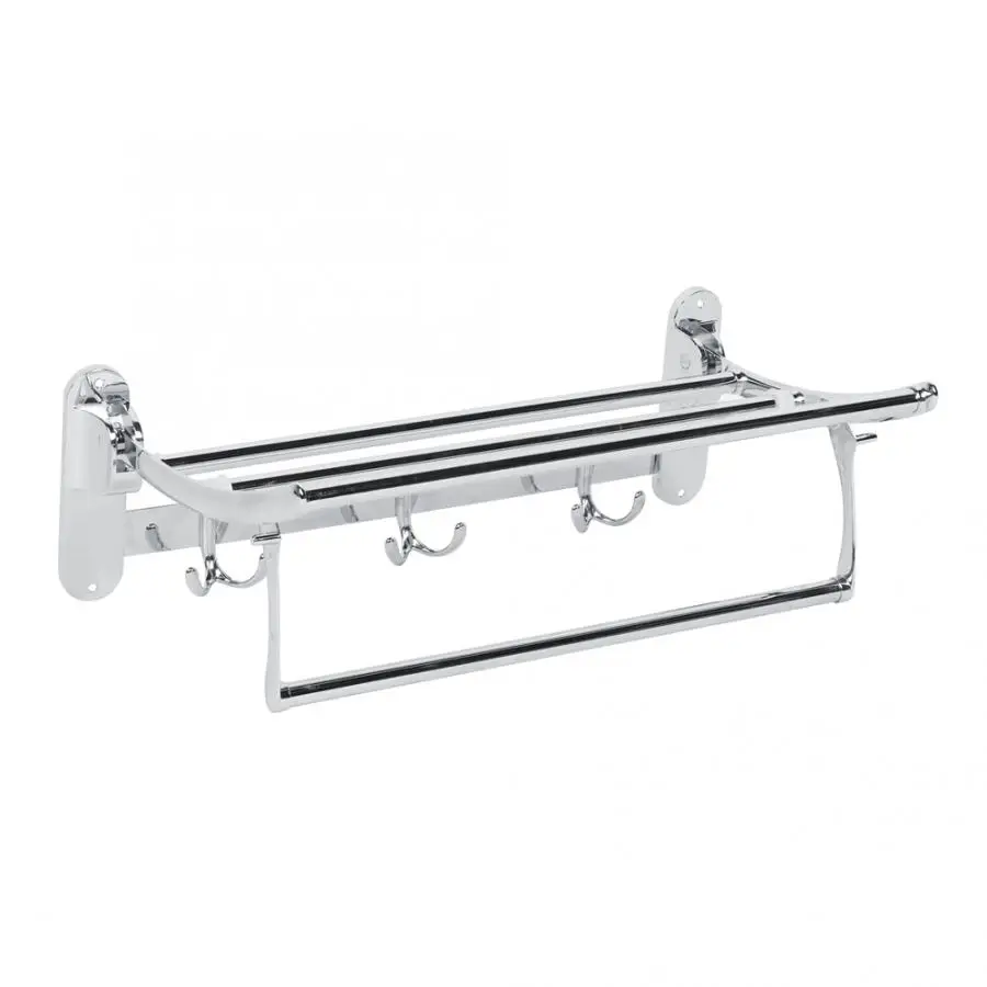 Держатель для полотенец настенный складной с полкой из нержавеющей стали для ванной комнаты с 3 крючками.