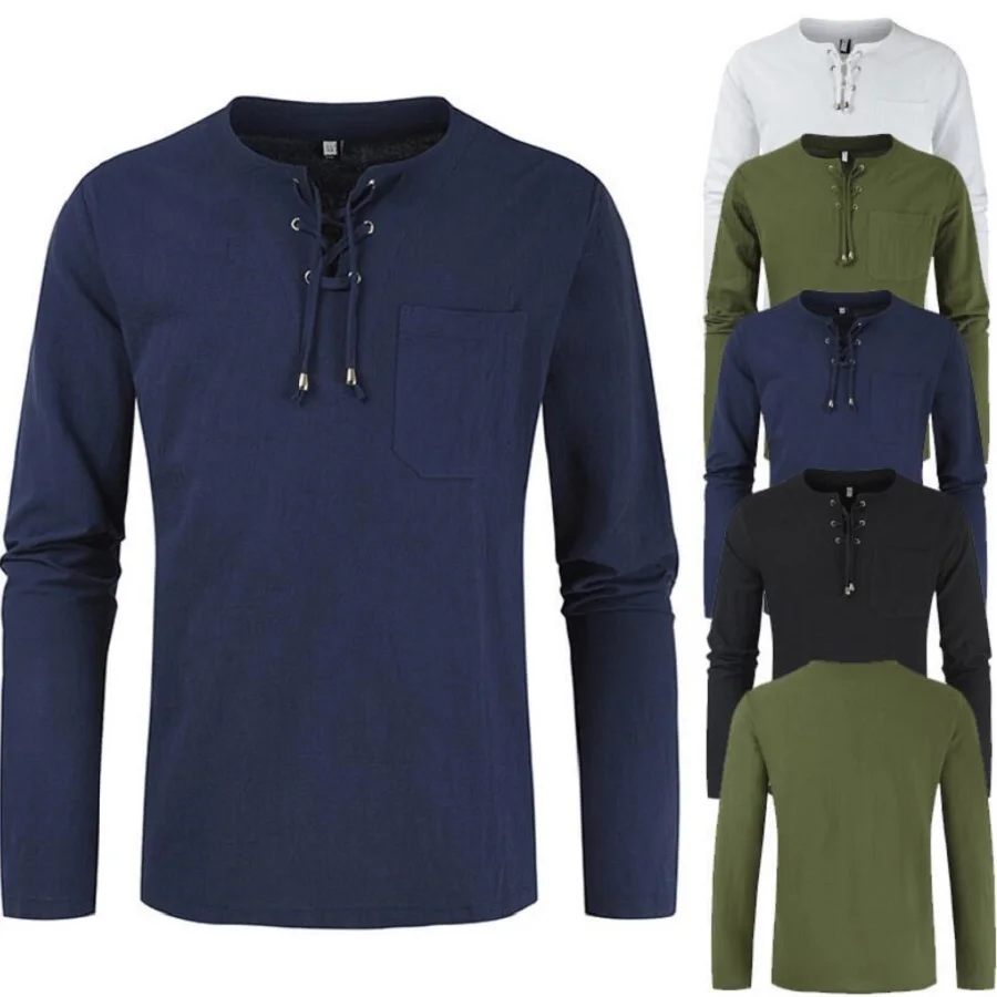 

Spring Summer Cotton Linen Bandage Shirts For Man Long Sleeve Casual Pullovers Blouses Shirts Mens Loose Tops