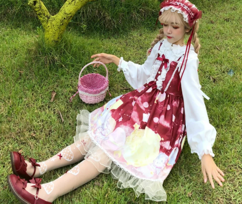 Лолита jsk принцесса лоли печати kawaii платье для девочек градиент Лолита езды Высокая талия бант кружева рюшами Готический Винтаж сладкий лоли