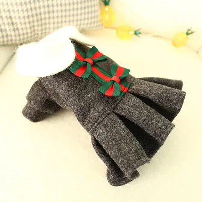 Dark gray Зимнее платье принцессы для собак, милое шерстяное платье с бантом, маленькая одежда для собак кошек, одежда для французского бульдога, одежда для домашних животных - Цвет: Dark gray