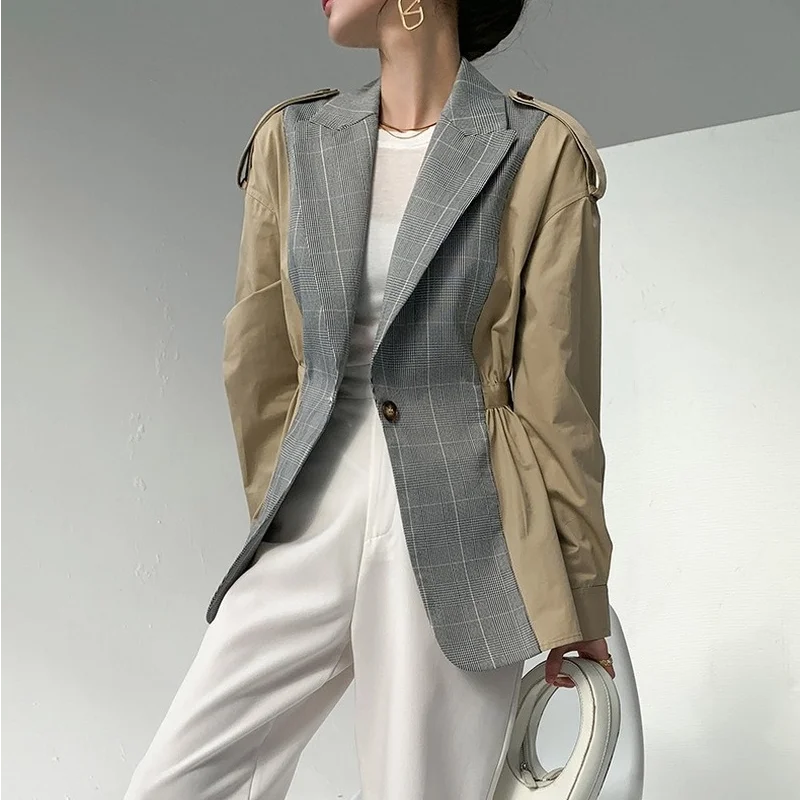 

2021 New Splicing Waist Contrast Suit Green Fairy Tale Color Matching Suit Collar Shirt Sleeve Blouse