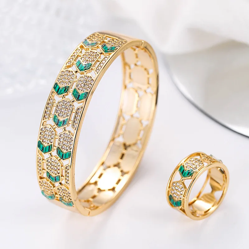 

Women's geometric zircon shell bracelet ring two piece set high quality personalized fashion fashion jewelry