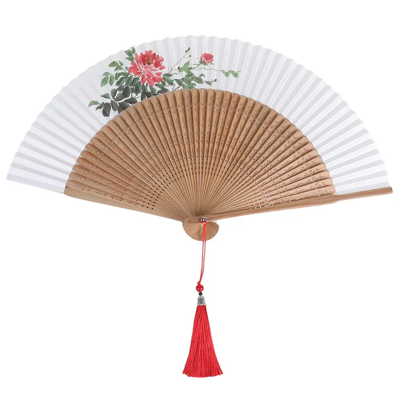 

New Chinese elegant solid wood printed rice paper fan is simple, elegant and unpretentious paper hand fan folding hand fans