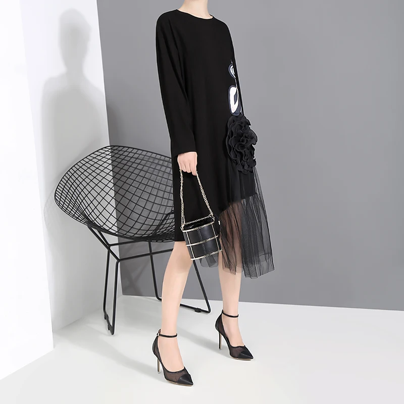 Новинка 2019 женское осеннее черное платье с принтом в Корейском стиле Сетчатое