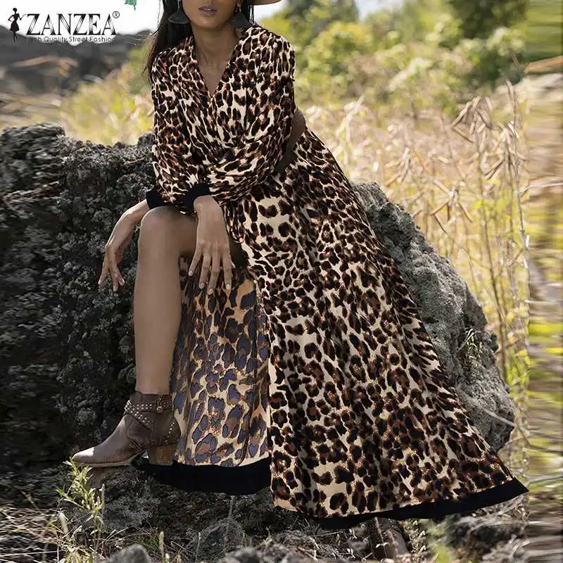 

Women's Printed Sundress ZANZEA 2022 Sexy Leopard Dress Spring Casual Puff Sleeve Maxi Vestidos Female High Split Robe Overszie