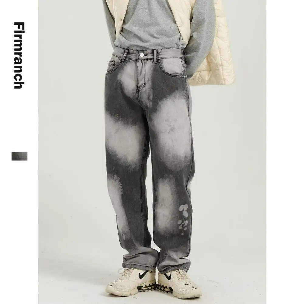 

Firmranch Fall Winter Men/Women Tie-dye Korean Retro Straight Denim Pant Vintage Hiphop Streetwear Design Sense Loose Jeans Male