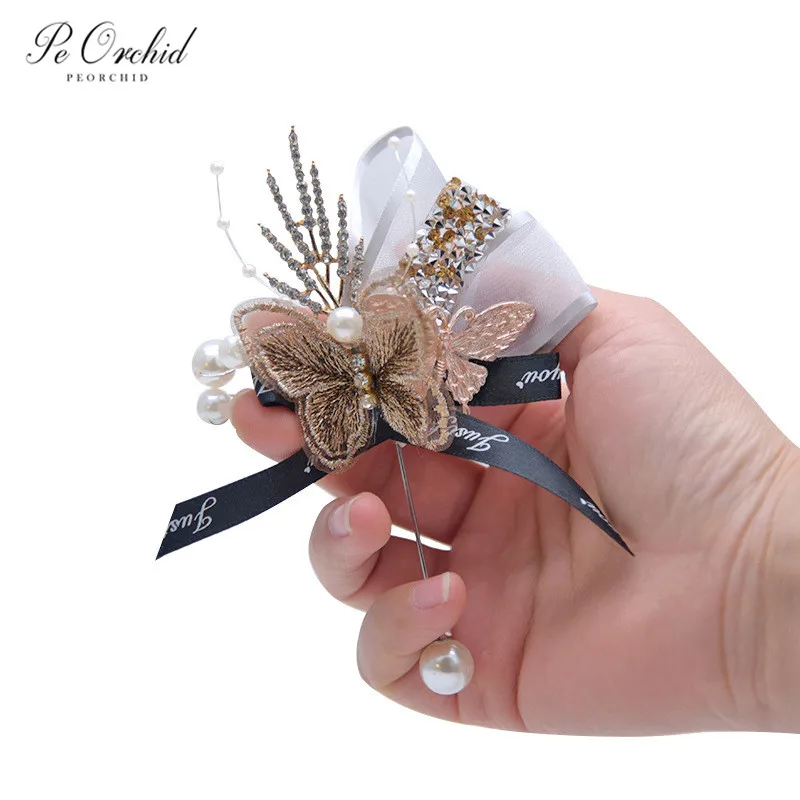 PEORCHID 2020 Gold Groom Corsage Boutonniere Wedding Accessories For Groomsmen Butterfly Brooch Pins Prom Decor |